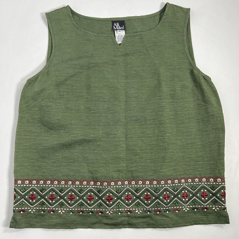 Ali Miles Silk Linen Top M Embroidered Floral Sleeveless Green Seagrass Summer
